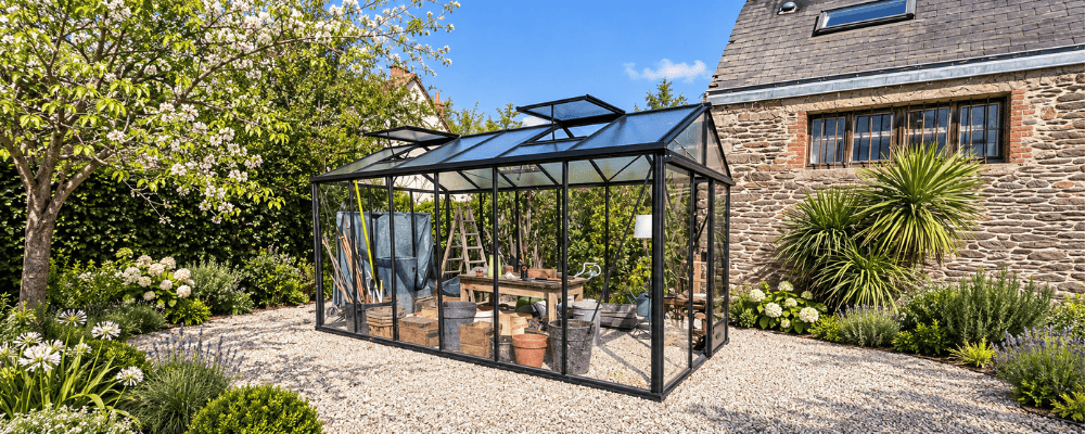 Serre de jardin LAMS installée à proximité d’une maison